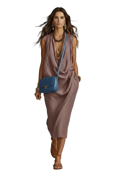 🍒A-line dress women v-neck outfits long draped neck summer wear sleeveless maxi outfit loose flowy casual fashion for holidays outfits vacation beach clothes Drapy Dream