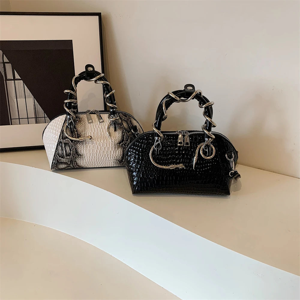🍒Designer luxury bags for women crocodile pattern grab bag with top-handle hardware wild shoulder crossbody handbag with snake design  Sweet Slippy Snakey