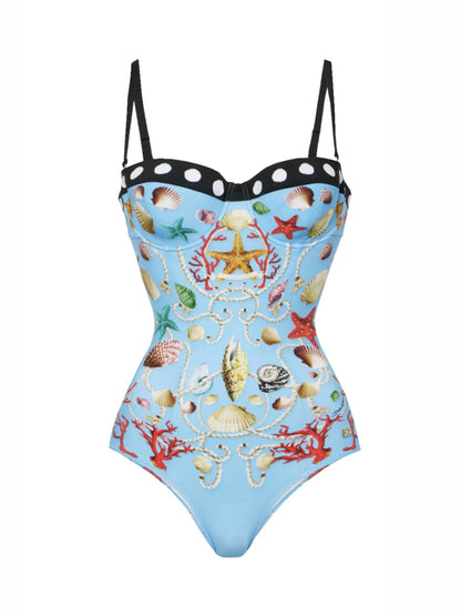 🍒Eenstuk-swemdrag-strandklere met koraal- en skulpafdruk bikini- en sarongstel strandklere vir vroue Sea Sure Set