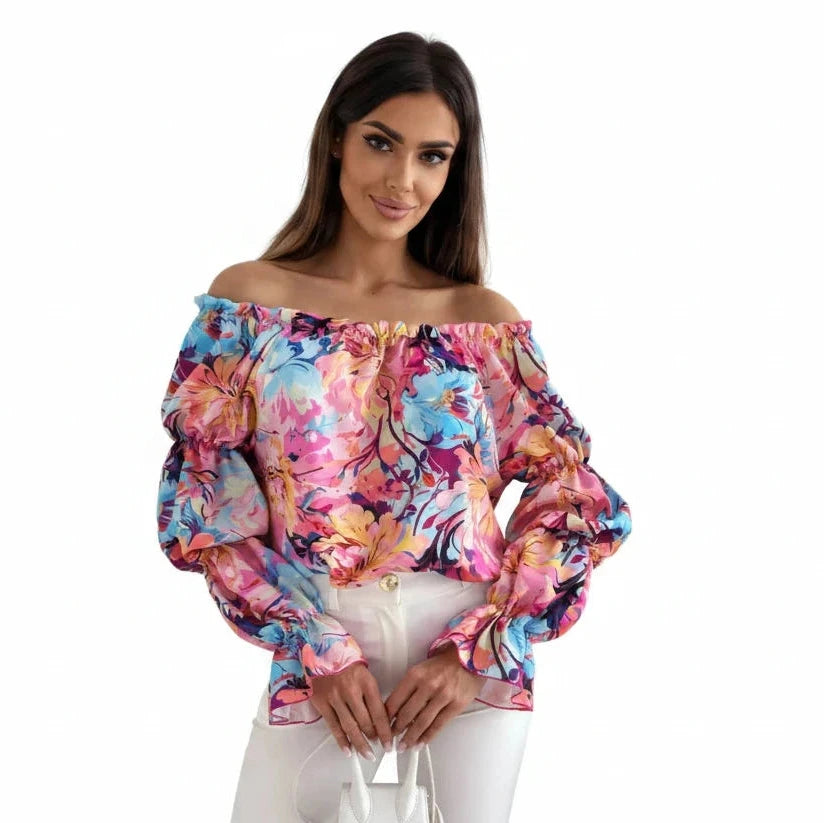 🍒Floral print off-shoulder blouse womens shirred puff sleeve top floral feminine casual ruffles shirt Tops Flower Up In A Puff