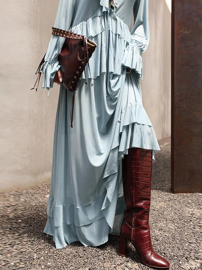 🍒Two piece set ruffled layered blouse shirt top for women plus  long skirt flared sleeves lace up v-neck pleated satin shirt loose feminine fashion wear summer out fit occasion wear party wear Relaxed Ruffles Get A slinky Blue Hue To wear To That Do