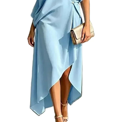 🍒Cold shoulder midi dress loose solid draped knot waist Irregular hem outfit for occasion holiday evening wear women elegant guest wear Pretty Perfect Pinched