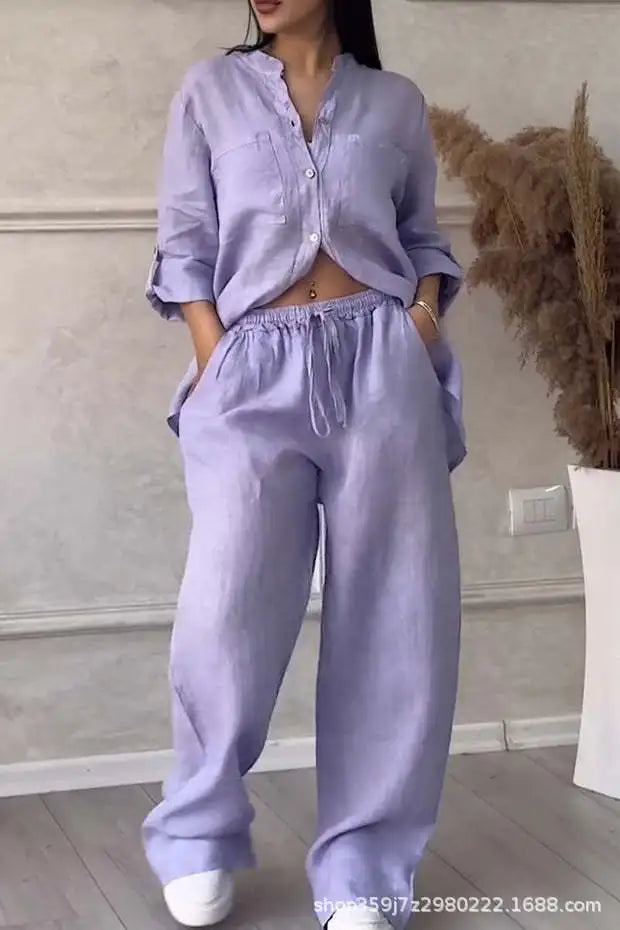 🍒two piece sets casual long sleeve womens shirt with pockets and fashion loose wide leg pants outfit smart casual clothes         Ba-sick