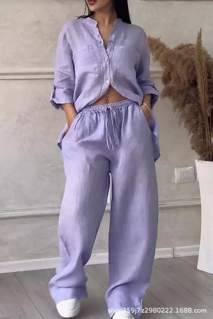 🍒two piece sets casual long sleeve womens shirt with pockets and fashion loose wide leg pants outfit smart casual clothes         Ba-sick