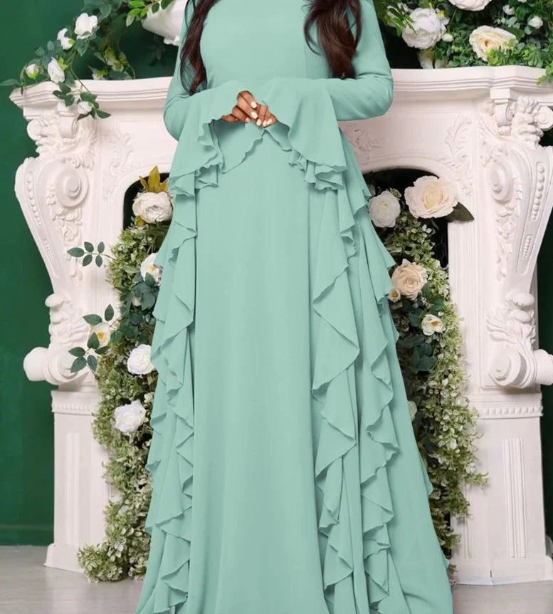 🍒Elegant women party dress high waist solid colour occasion wear design flared sleeve outfit for party all season clothing Reliant Ruffles