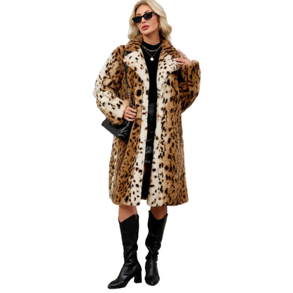 🍒Faux fur coat leopard long Jacket with lapel animal print outerwear fashion long sleeve overcoat women single breasted straight fit smart casual autumn winter wear Animate Your Style