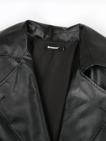 🍒 Lang oorgroot swart trenchcoat-kunsskaapleerbuitelaerdrag vir vroue dubbelbors-oorjas met gordel los slim-gemaklike buiteklere