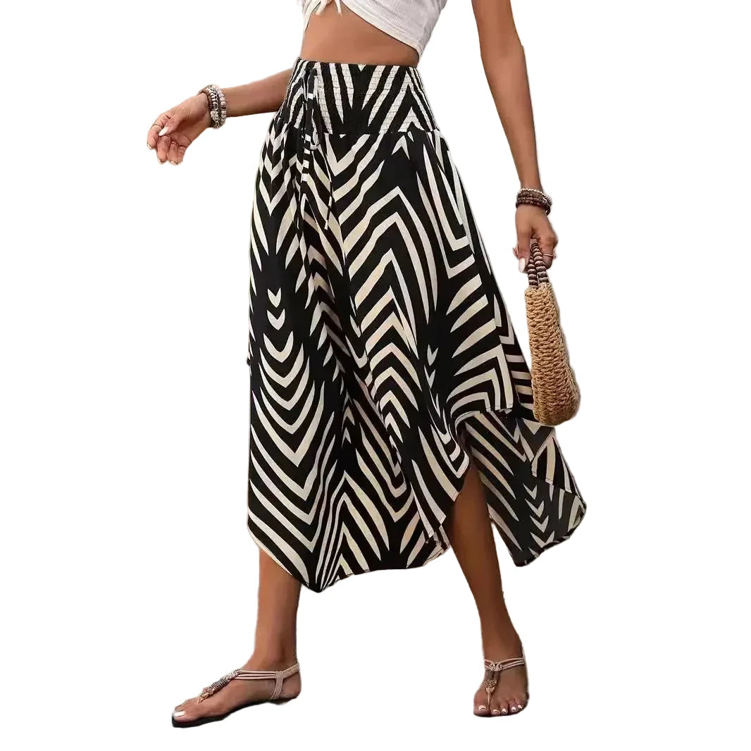 🍒Boho vintage romp a-lyn midi blommetjie-druk klere mode drag vir vroue somer drag Hoë middellyf Geplooide elastiese middellyf Lang Romp gemaklike vakansie drag Kry 'n Chiffon en Kry 'n Chevron