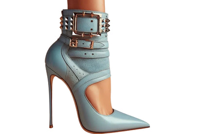 🍒Studded buckle strap cut-out sandal boot shoes womens stiletto splicing pointed toe high heels blue faux leather ankle boots lady edgy luxe footwear for occasion party Booboo Beauty Blue