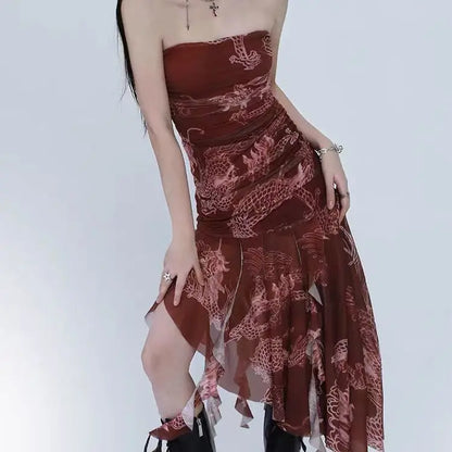 🍒Womens print chiffon dress party occasion wear sleeveless outfit women summer wear clothes Irregular fashionwear Relax In Red Rebel