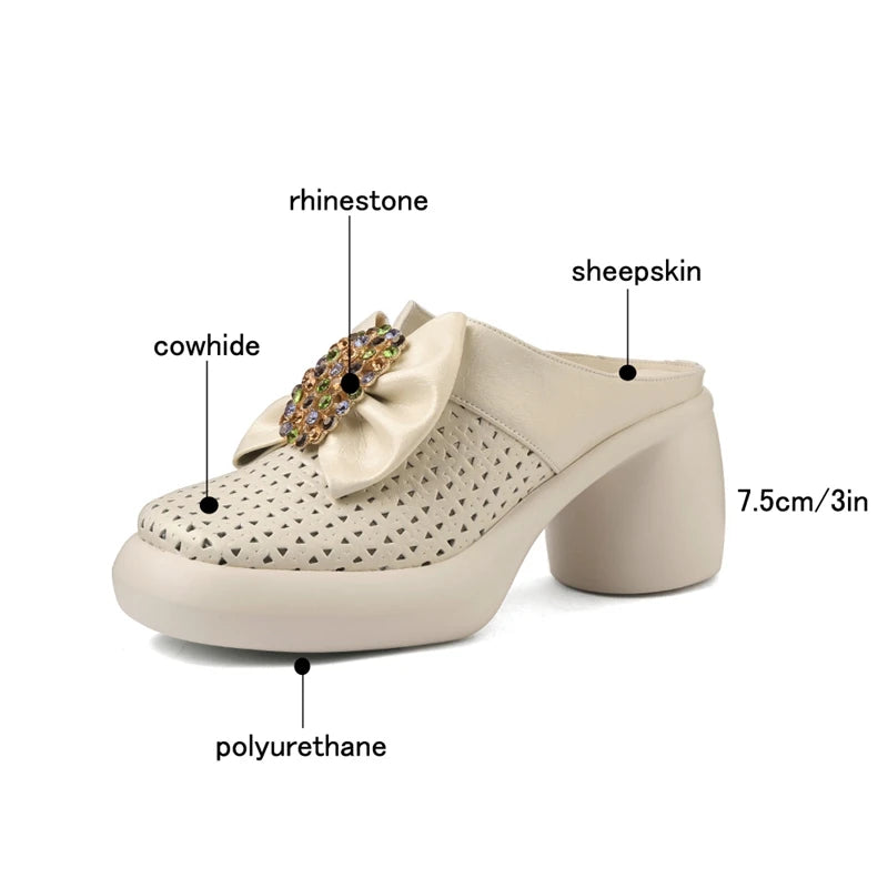 🍒Genuine leather mules for women cowhide rhinestone chunky heel shoes with thick sole, occasion slippers fashion party footwear with bow Climb Into Clogs