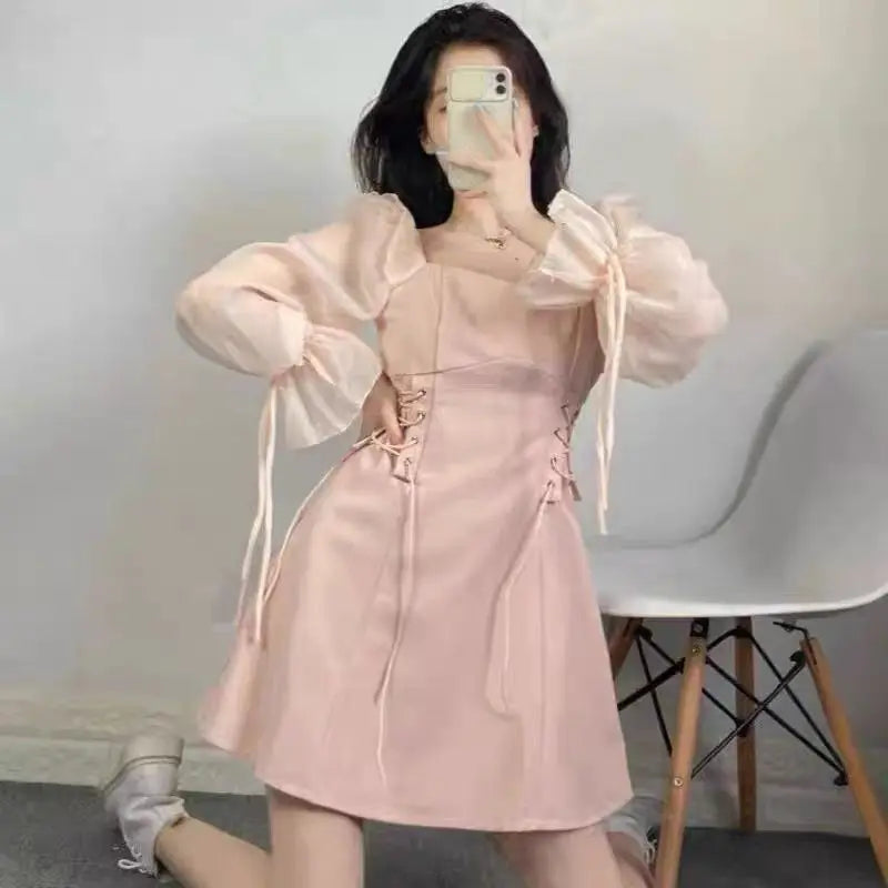 🍒Pienk rokke vroue lente somer lieflingneklynuitrusting a-lyn mini rok met pofmoue kantopryg trekkoordkante middel vroulike mode A- Pragtige Pienk