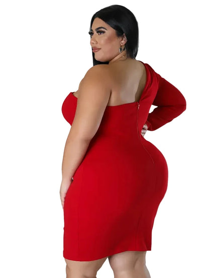 🍒One shoulder plus size dress wedding guest party outfit women v-neck single long sleeve solid suit dress mini occasion clothing Be Redy And Fresh In A Cool Dress