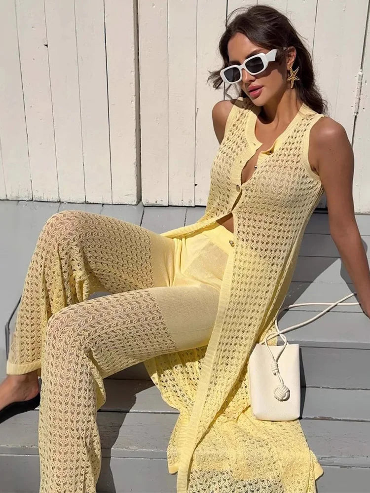🍒Knit dress set womens summer wear mesh long cardigan cover up dress plus knitted high waist pants 2 piece set casual wear beach wear Cheerful Chalks