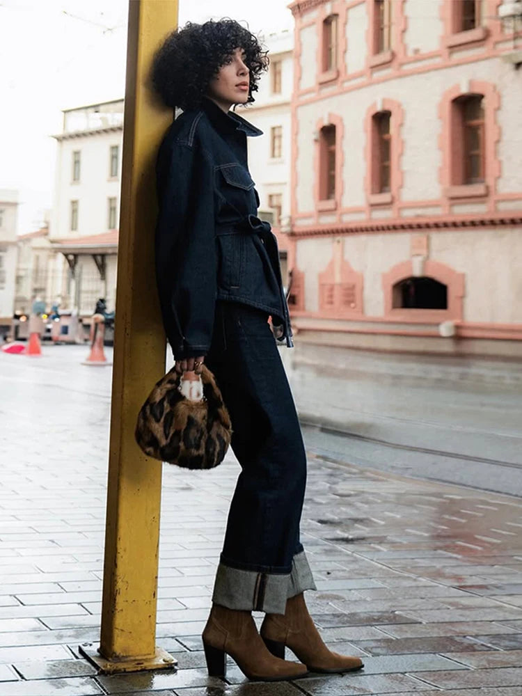 🍒Belt denim Jacket and Pants Sets shirt style jacket women butt up coat and straight trousers suit loose autumn Ladies outfits Dressy Denim
