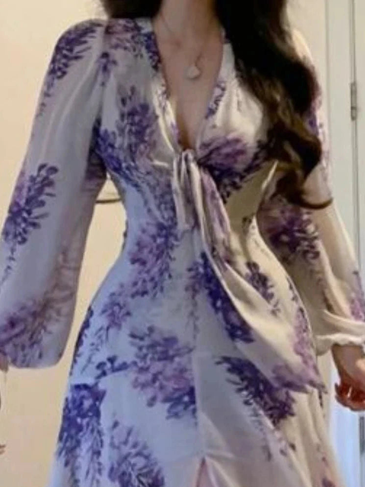 🍒Floral print sweet dresses Y2k aesthetic v-neck bodycon with puff sleeves a-line dress with front slit purple