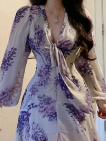 🍒Floral print sweet dresses Y2k aesthetic v-neck bodycon with puff sleeves a-line dress with front slit purple