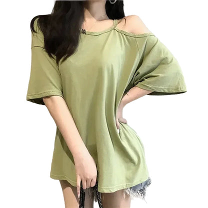 🍒Cold shoulder t-shirts women plain tops sphagetti straps Y2k clothing fashion tees female  casual clothes Grow Your Carrots And Peas its black and white