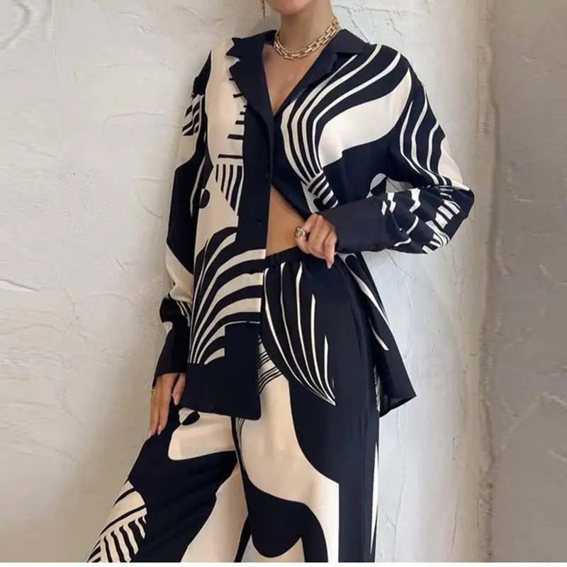 🍒Gedrukte hemp vroue 2-stukstelle los langmouhemp en wye pypbroek damespak Somer slim toevallige uitrustings dames Mode geleentheidspartytjie drag geleentheidsaanddrag