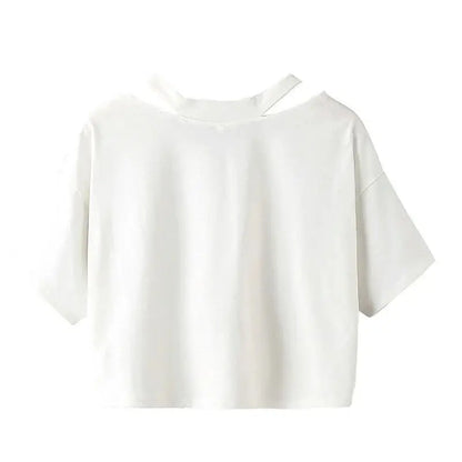 🍒Solid colour open shoulder t-shirt hollow solid colour tee v-neck women's short sleeve tops tank
