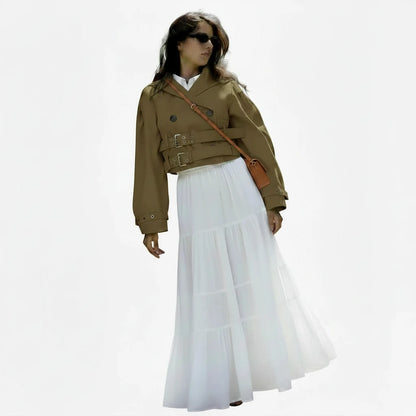 🍒Hooded trench coat women casual puff sleeve outerwear. double breasted belted cropped Jacket khaki fashion clothing                               2.long trench version  Travel Along Cool Double Belt