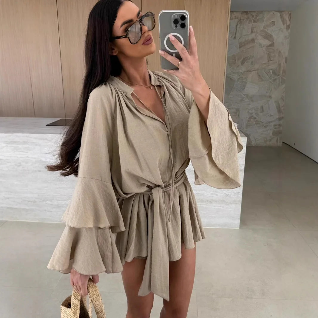 🍒Elegante opvourok vir vroue bruin diep v-nek langmou mini-rok vroulike lente somer los modeklere partytjie geleentheid drag Blouse Up In  a Dress