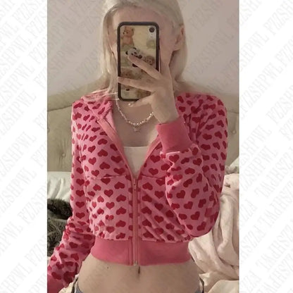 🍒Hooded top y2k zip up casual cardigan hoodie tank top zip up womens aesthetic heart print clothing feminine streetwear fashion Heart Print Heart Print
