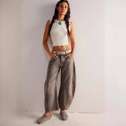 🍒Los middellyf Jeans gebleikte denimstyl vol lengte broeke mode soliede kleur broeke met sakke gemaklike drag vir vroue Barrels Of Style
