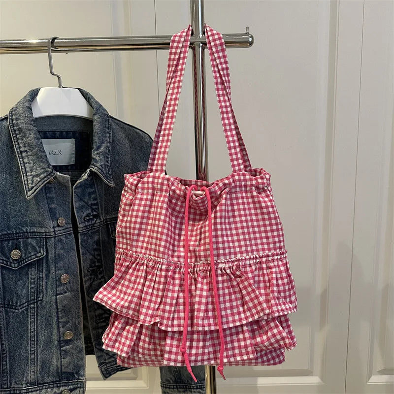 🍒Fashion ruffles check womens drawstring shoulder bag girls commuter womens simple shoulder bag tote bag large capacity handbags