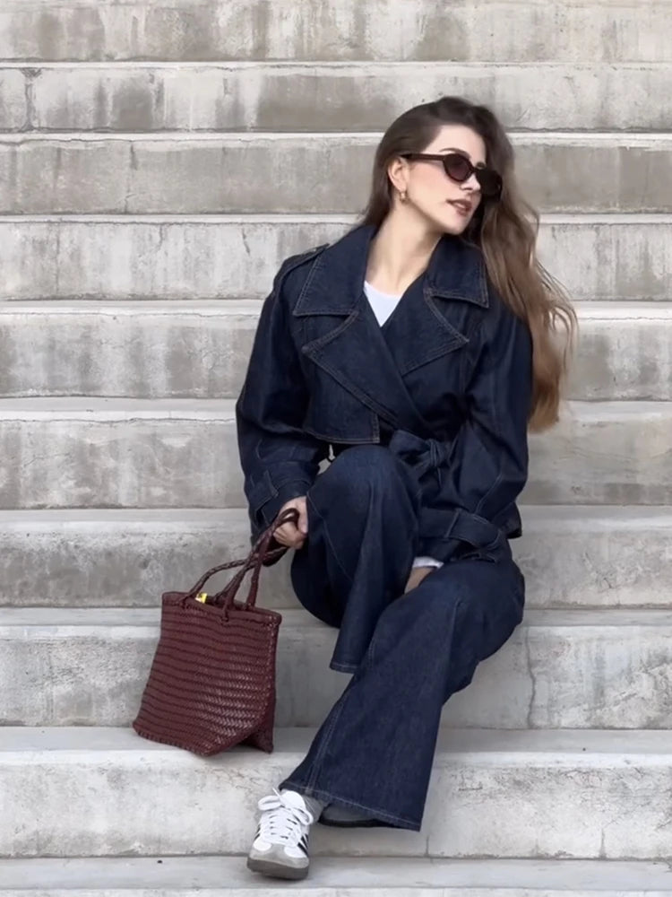 🍒Denim long pant set street Y2K fashion women lapel tie waist coat jacket plus straight leg jeans long sleeve Jacket and trousers jeans two piece suit ladies outfits smart casual clothes Dress Up In Denims