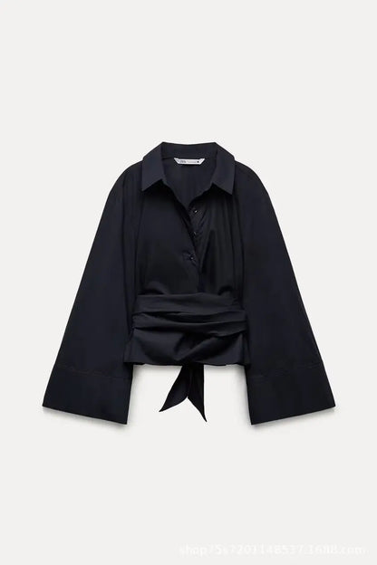 🍒Long sleeve shirt jacket women's tie top with wide sleeves female fashion clothing basic solid shirt smart casual blouse  Picture Yourself In This Pastel