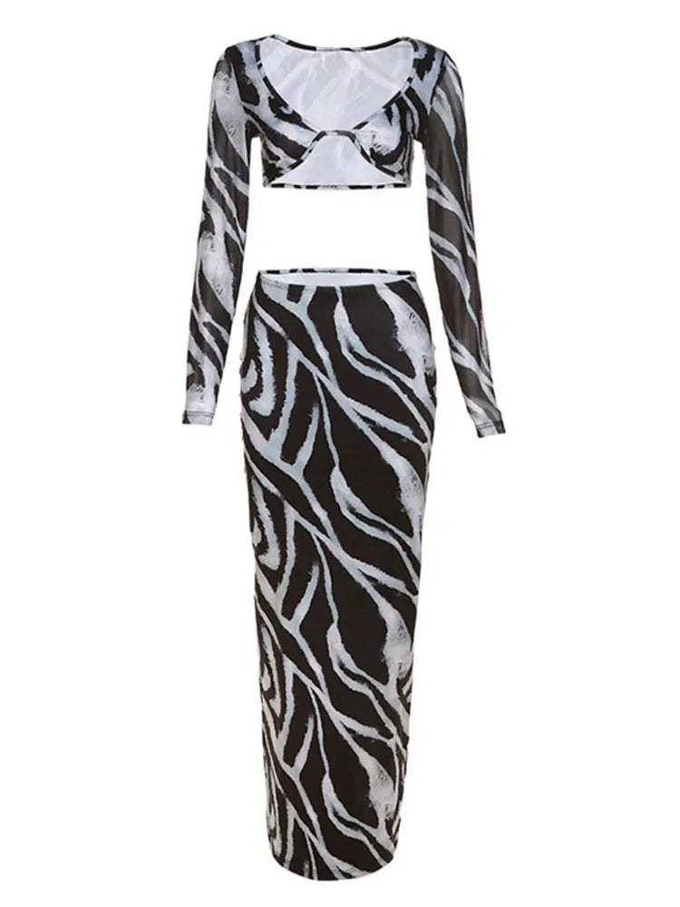 🍒Stripe two piece set skirt contrast colour animal zebra print chiffon top party bra outfit crop top and matching fitted maxi skirt suit Hot Girl Cool