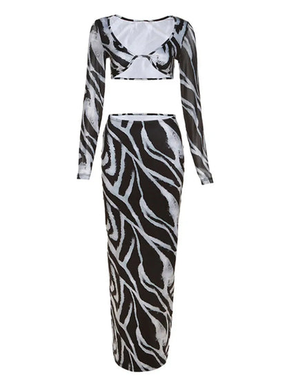 🍒Stripe two piece set skirt contrast colour animal zebra print chiffon top party bra outfit crop top and matching fitted maxi skirt suit Hot Girl Cool
