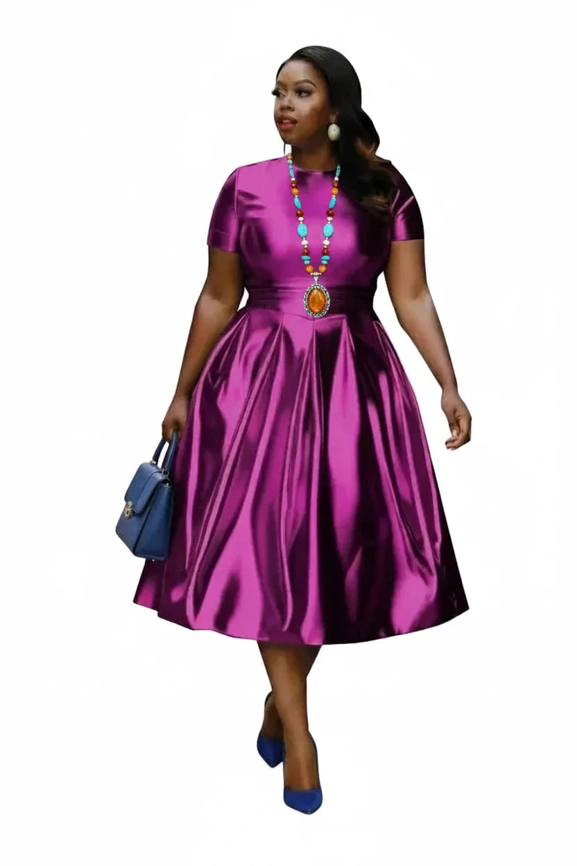 🍒A-lyn blink rok metaal kortmou midi vir vroue plusgrootte uitrusting met pasvorm en wye soom elastiese rok slim gemaklike klere Somer Stunner