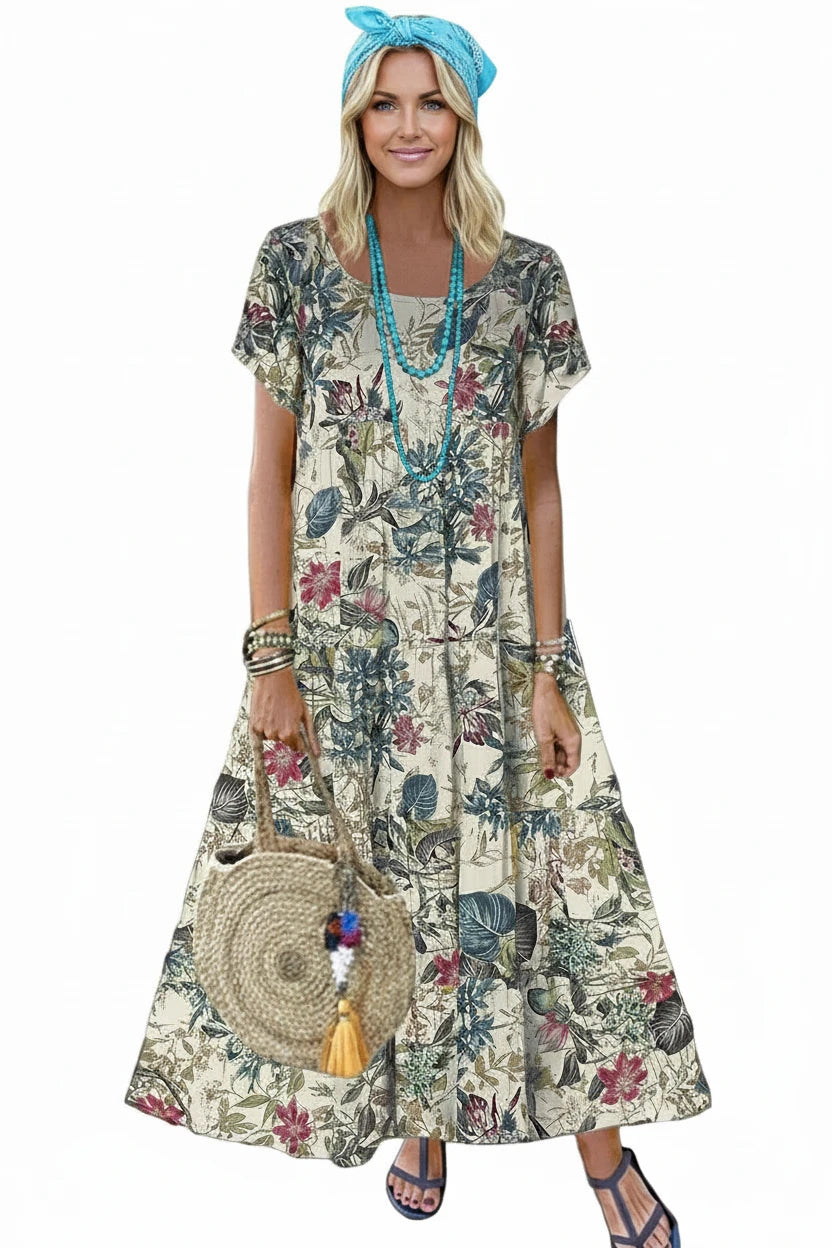 🍒Women's round neck short sleeve dress loose waist linen A-Linen out fit maxi length casual summer wear floral fashion Flattering Floral