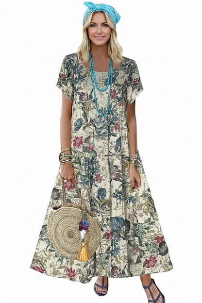 🍒Women's round neck short sleeve dress loose waist linen A-Linen out fit maxi length casual summer wear floral fashion Flattering Floral