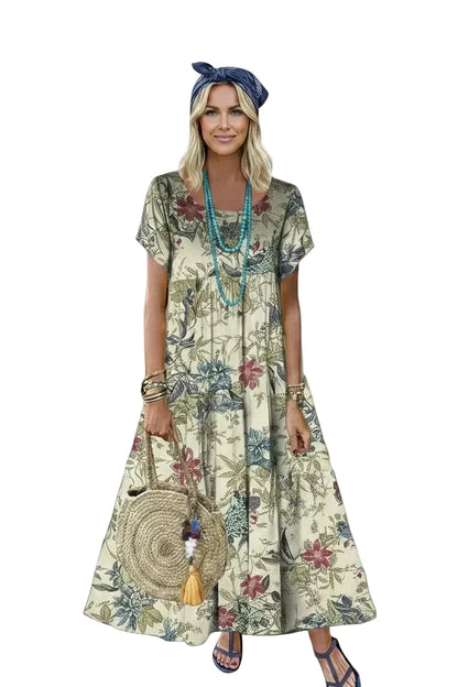🍒Women's round neck short sleeve dress loose waist linen A-Linen out fit maxi length casual summer wear floral fashion Flattering Floral