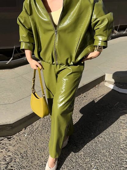 🍒Leather fashion jackets women skirt sets zipper loose coat wth stand up collar and straight midi skirt chic autumn party wear occasion wear smart casual clothing for women They Will Envy Your Leather