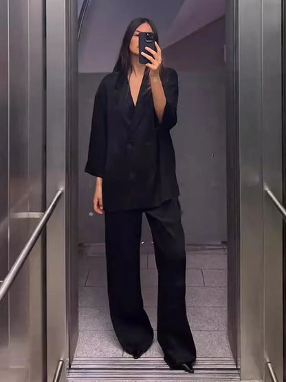 🍒Gemaklike baadjie en broekpak vir vroue langmou dubbelborsbaadjie + wye been broek kantoorklere slim gemaklike mode drag geleentheidsklere Bly Op Die Hoogte Van Die Dubbelbors
