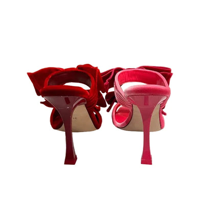 🍒Strik hoëhakskoene vroue oop skoene met vierkantige toon mode gemaklik-elegant skoene partytjie geleentheid pantoffels suikerpienk fluweel stapel sandale ooptoon naaldhak aandsandale haal die beste strikke uit