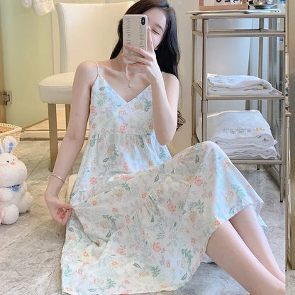 🍒Moue nagrok vir Vroue, asemende viskosekatoen-camisole-nagrok, bloemryke nagrok, huisdrag, somerdrag, vakansiedrag, nagdrag, Vars Blommepatrone