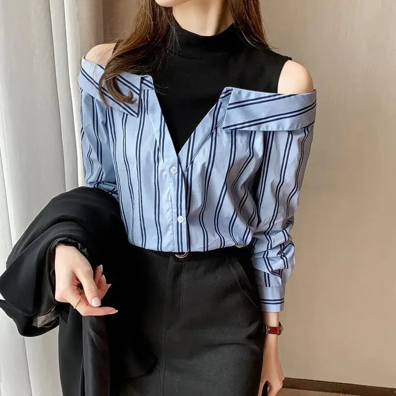 🍒 女式假两件衬衫棉质衬衫露肩上衣酷炫蓝条纹衬衫 女性独特潮流青春款