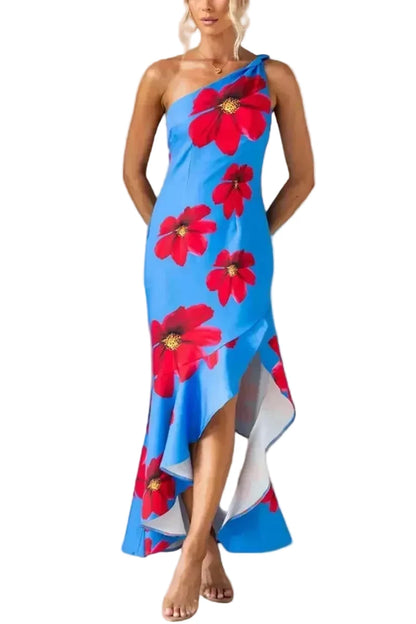 🍒One shoulder sleeveless dress summer fashion for women Irregular bohemian vacation outfits floral print fashion with ruffle hem outfits long   No Puff, Get Out Ruffs