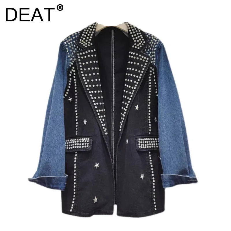 🍒Y2K oesjaar denimbaadjie stylvolle vakmanskap gestikte diamante baadjie enkele knoop gemengde media klere kontraskleur lapwerk denim dra slim gemaklik vroue Denim Ontwerper Diamant Genot