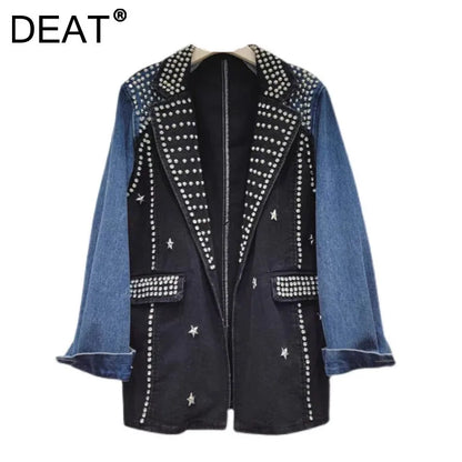 🍒Y2K oesjaar denimbaadjie stylvolle vakmanskap gestikte diamante baadjie enkele knoop gemengde media klere kontraskleur lapwerk denim dra slim gemaklik vroue Denim Ontwerper Diamant Genot