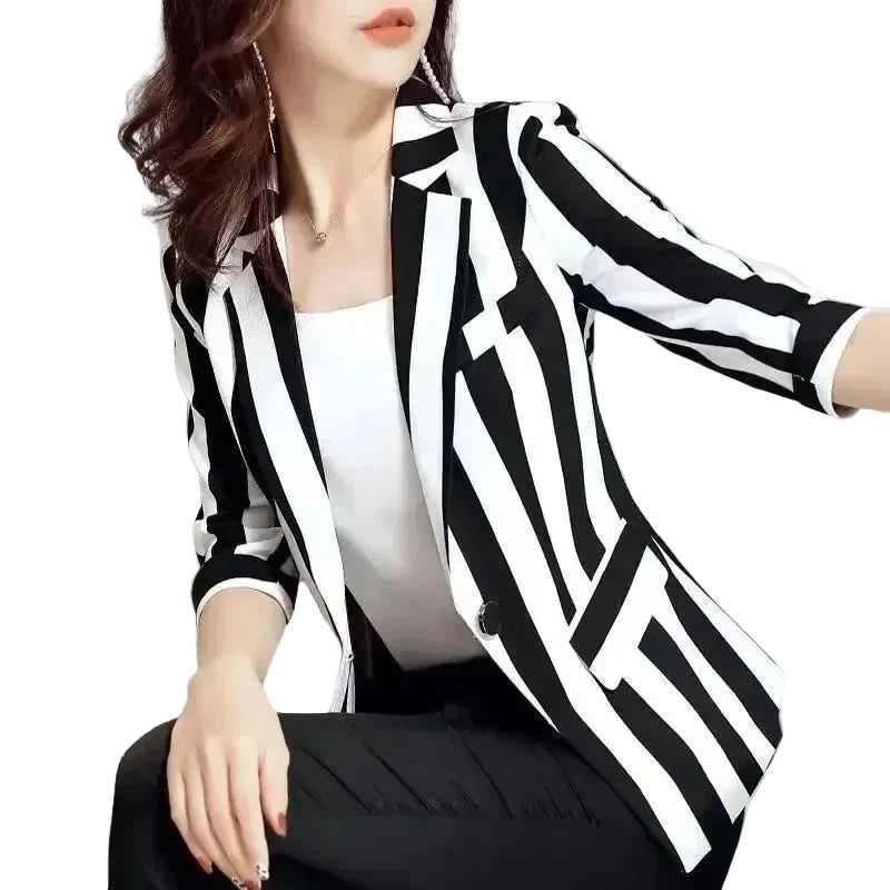 🍒Vintage striped blazer three quarter sleeve suit jacket women’s long sleeve double breasted jacket commuter smart casual outer wear plus size fashion striped clothing Stripe Lucky