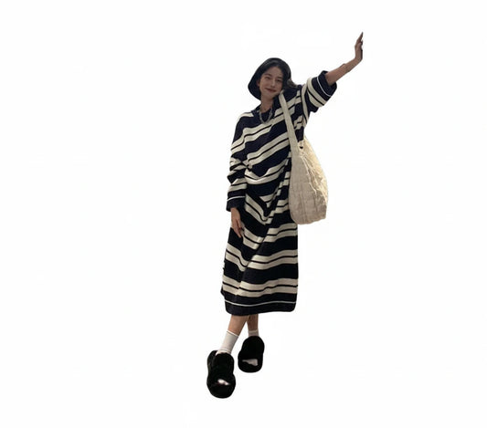 🍒Loose striped t-shirt dress long sleeve plus size midi dress casual black and white outfits for women fashion clothing   Secure Stripes
