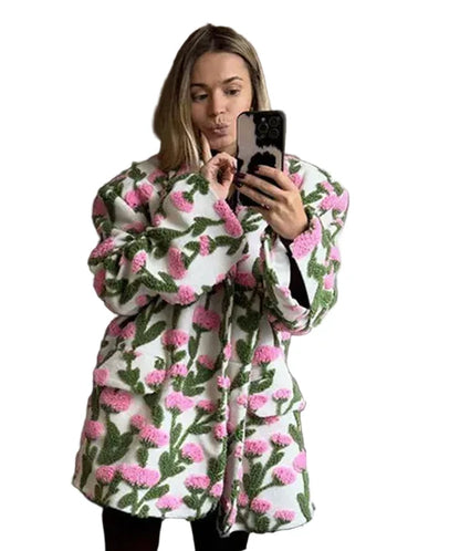 🍒Flower fleece jacket woman loose lapel long sleeve coat single breasted casual coat unique 3D floral outerwear clothing  Floral Fashion Fun Fleece