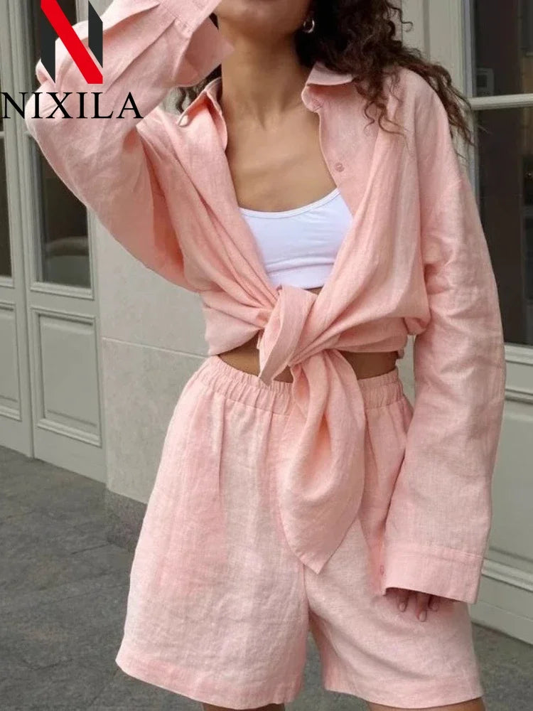🍒Cotton summer shorts set  100 percent cotton clothes two-piece beach outfit with long sleeve shirt plus oversize shorts womens  casual outfits Sweet Shorty Shirty