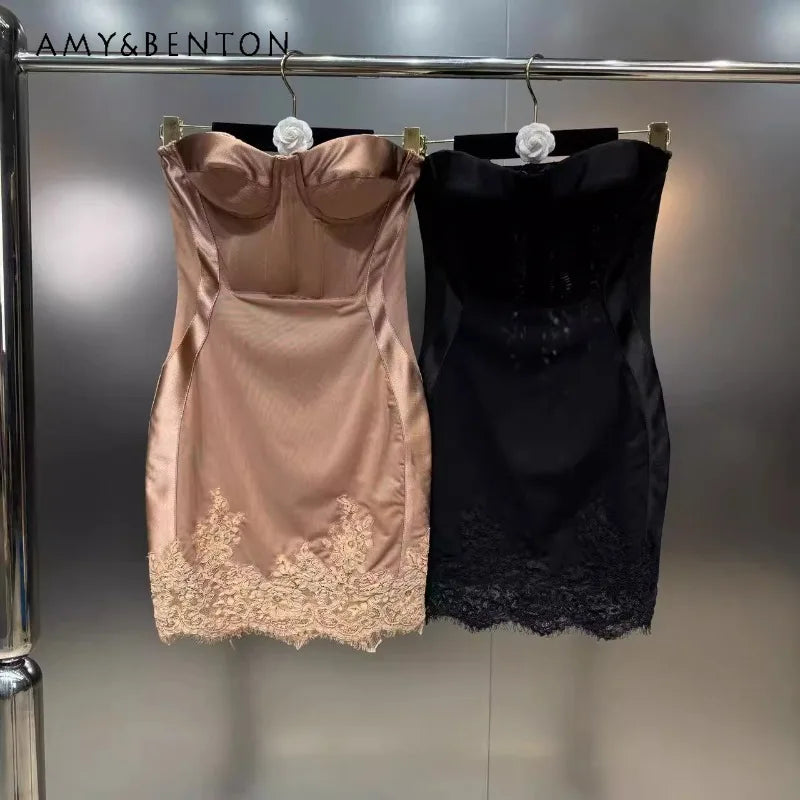 🍒Mode warm meisie somerrok dames buisblad-uitrusting styl stywe middellyf bra-koppie rok kantafwerking lente- en somerpartytjiedrag geleentheidsdrag